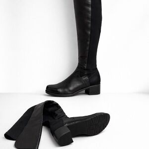 Stuart Weitzman Black Over Knee Leather Stretch Boots Size 8 Low Heel